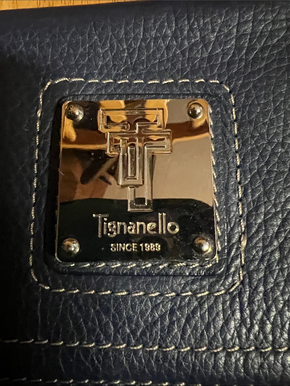 Tignanello Navy Blue Pebbled Leather Crossbody with Silver Plaque - Picture 2 of 9